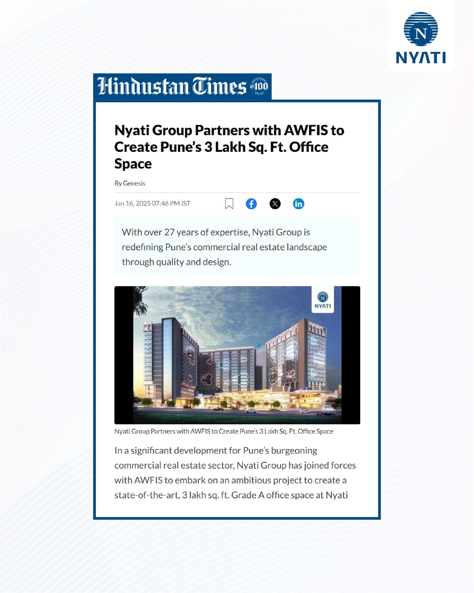 Nyati Group partners with AWFIS to create Pune's 3 lakh sq.ft office spaces 1